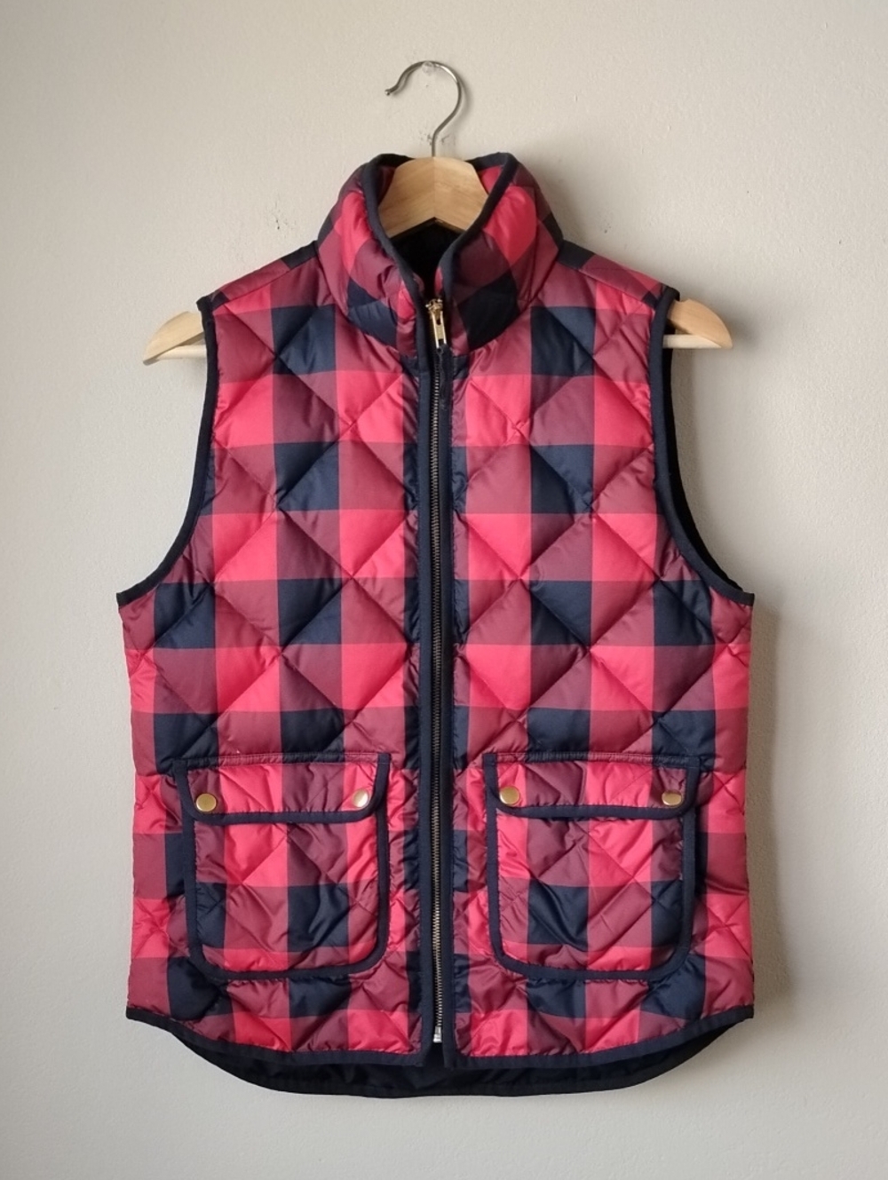 J. Crew Women's Size S Red & Black Quilted Check Puffer Vest